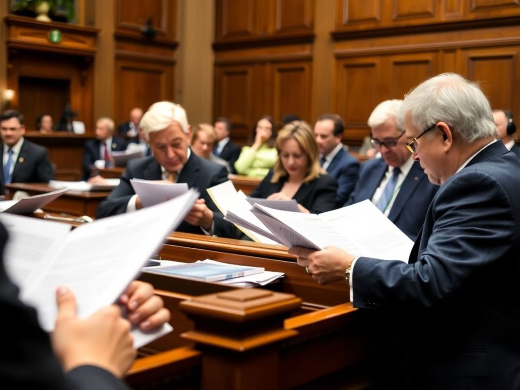 Asamblul legislativ în sesiune, discutând despre legi noi.