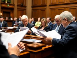 Asamblul legislativ în sesiune, discutând despre legi noi.