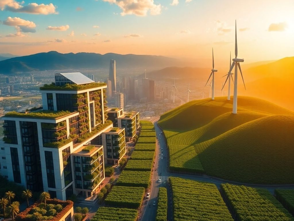 Tehnologie verde, panouri solare, turbine eoliene, natură, viitor sustenabil.