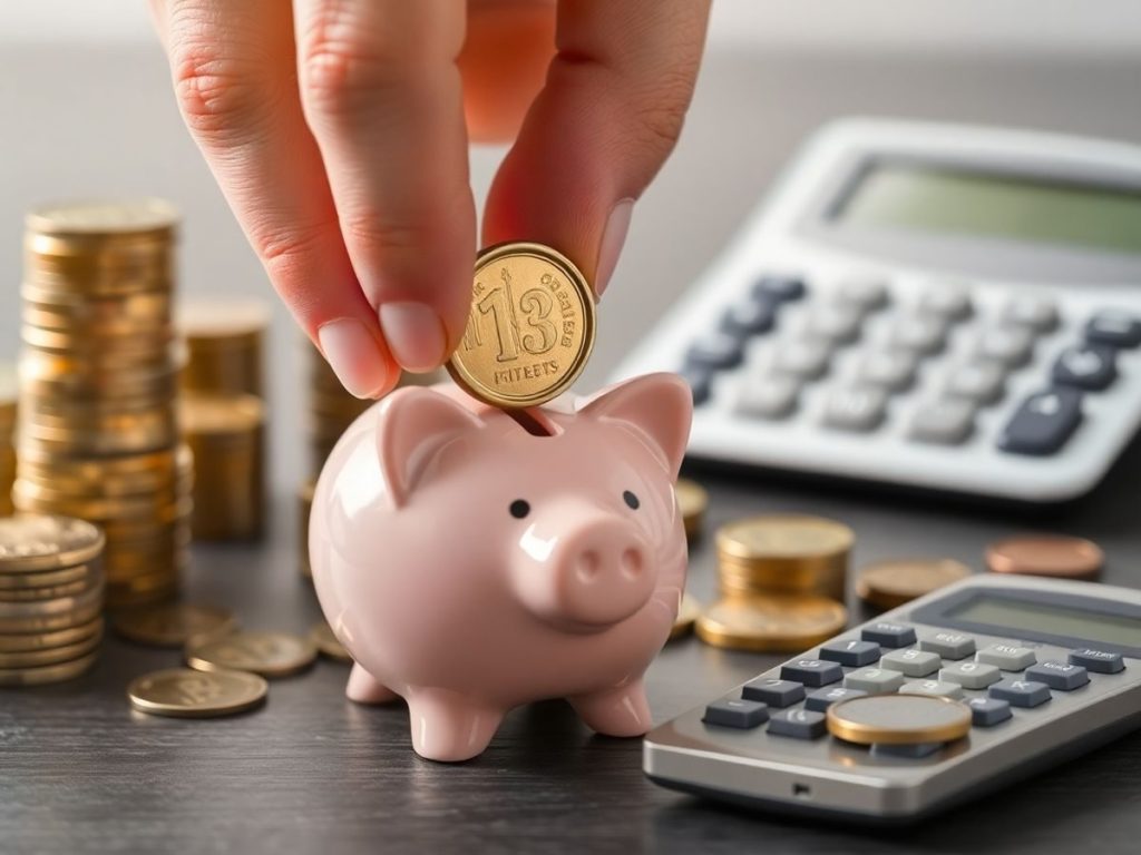 Mână, monede, pușculiță, calculator, creștere financiară.
