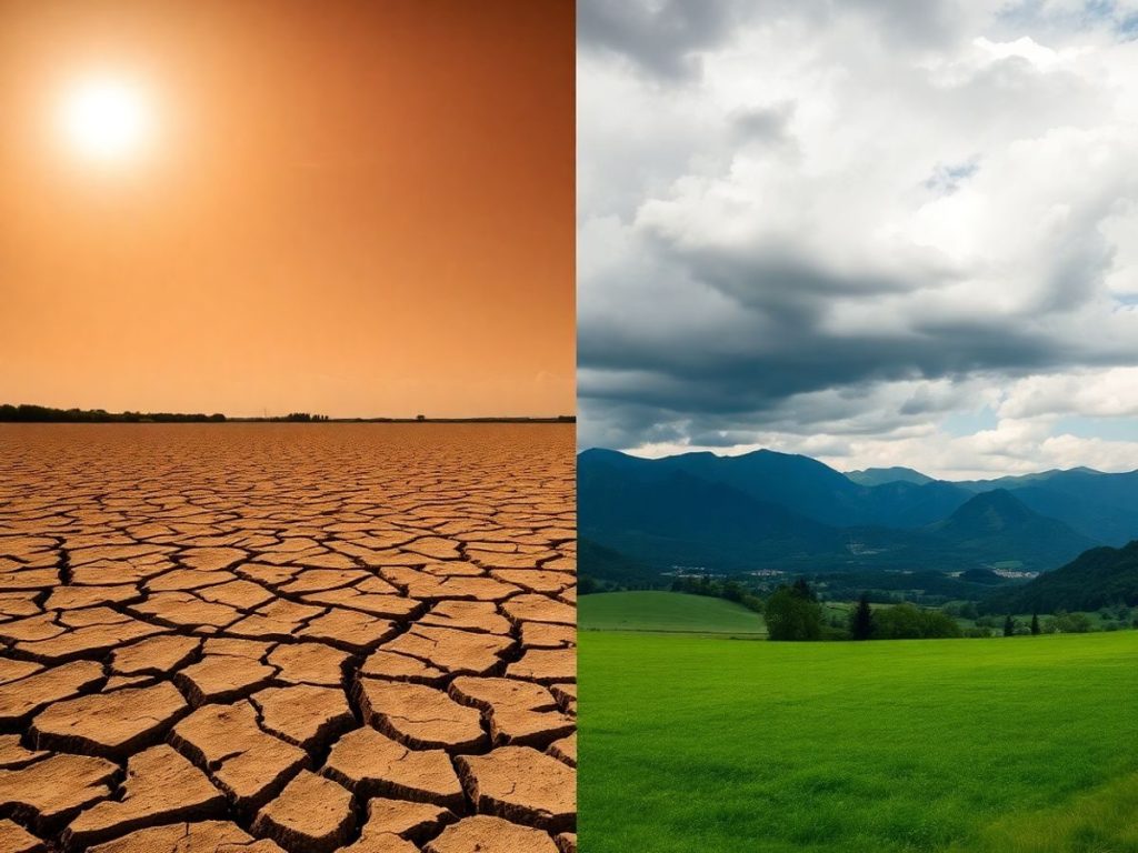 Pământ secetos crăpat lângă un peisaj verde din munții României.