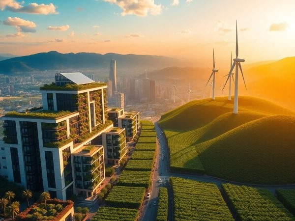 Tehnologie verde, panouri solare, turbine eoliene, natură, viitor sustenabil.
