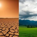 Pământ secetos crăpat lângă un peisaj verde din munții României.